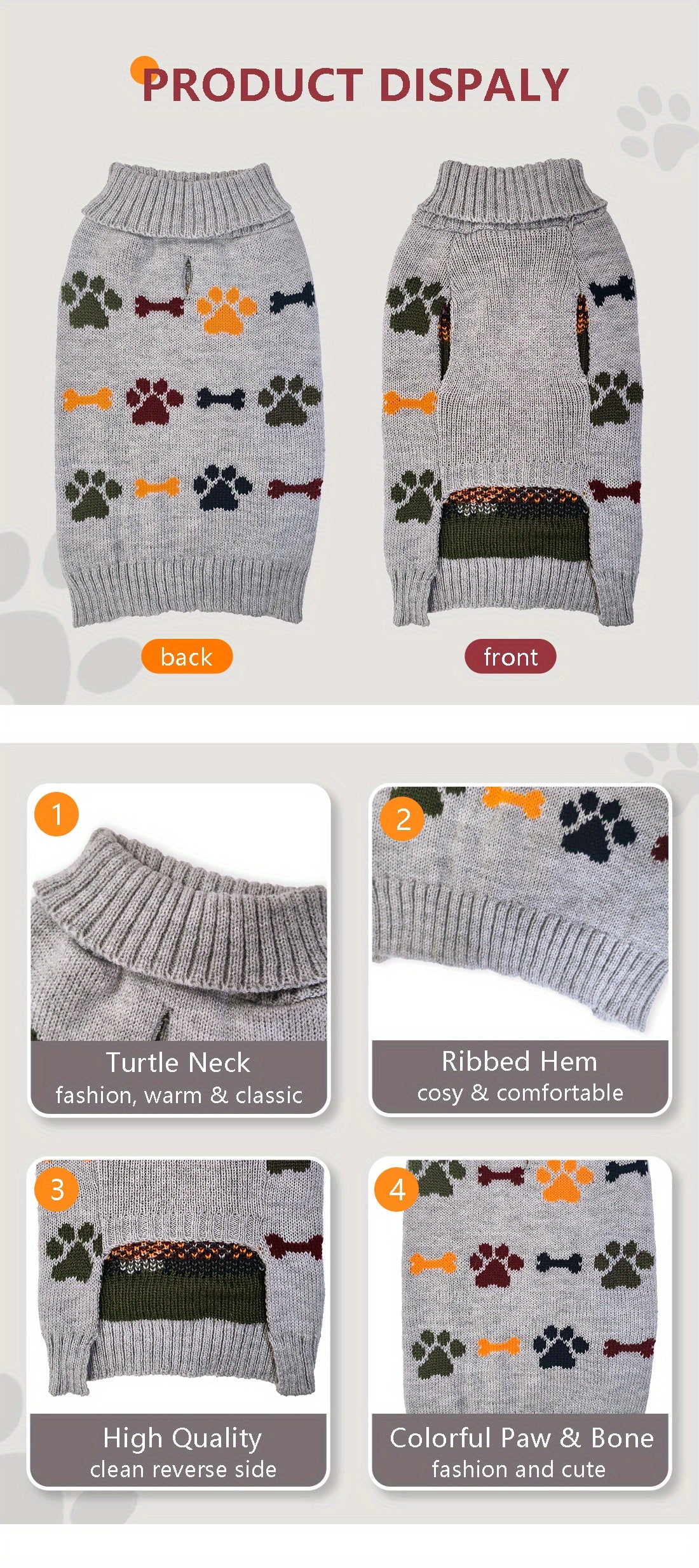 PETS TALE Premium Dog Sweater - Cozy Knit Pullover, Bone & Paw Print, Machine Washable for Small to Large Breeds