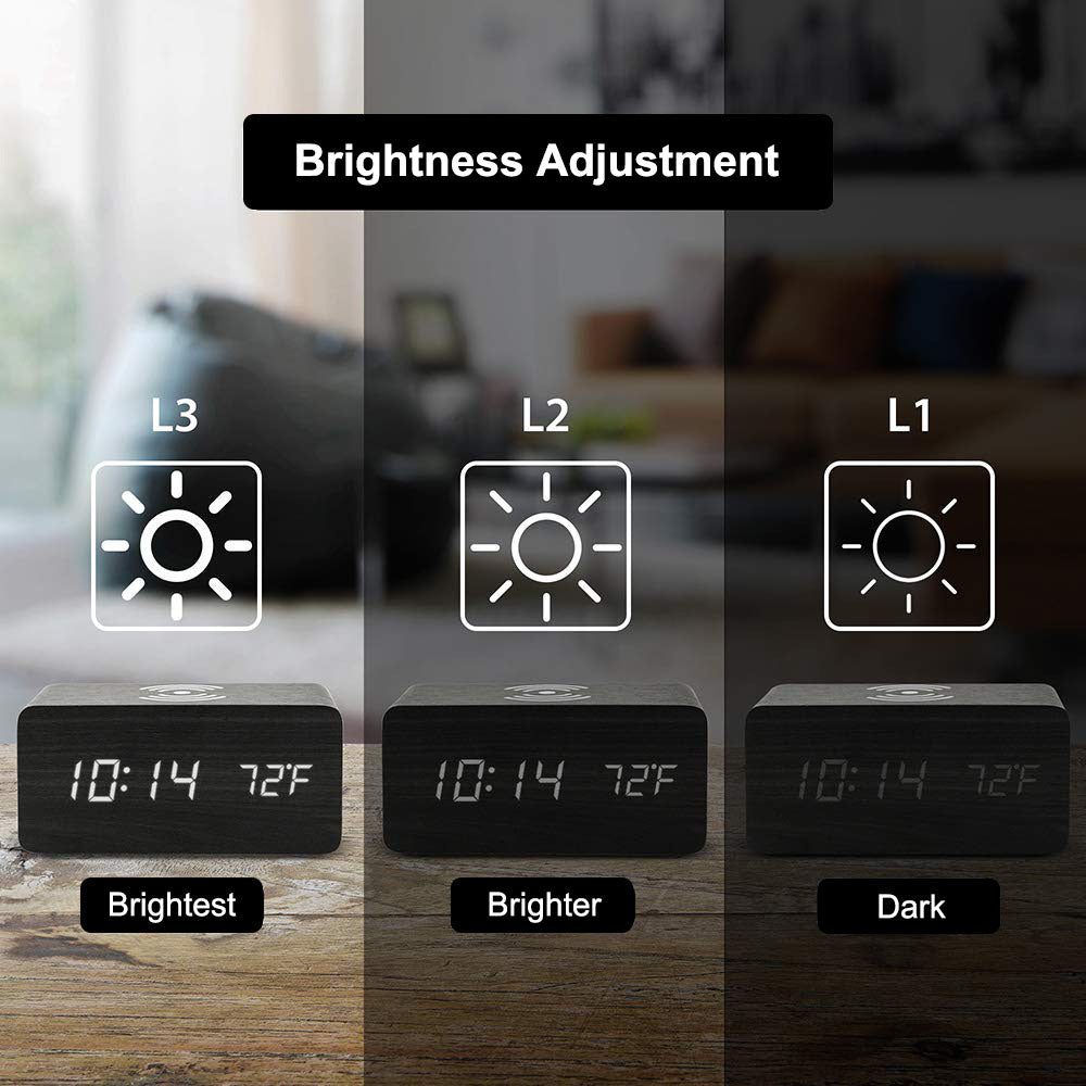 Wooden Desk Digital Clock Phone Chargers LED Display Temperature Wooden Digital Alarm Clock Wireless Charger Desk Table Clocks