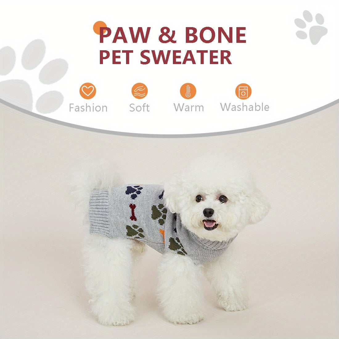 PETS TALE Premium Dog Sweater - Cozy Knit Pullover, Bone & Paw Print, Machine Washable for Small to Large Breeds