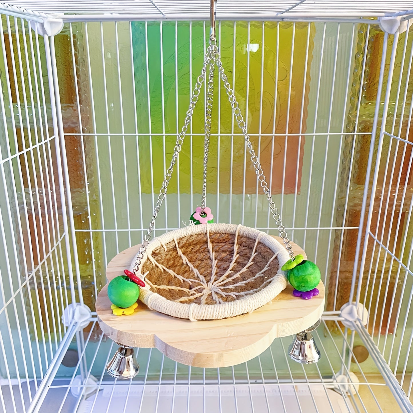 Cozy Bird Hammock Swing - Durable Plywood Nest for Parrots, Squirrels & Small Pets with Random Bead Accents