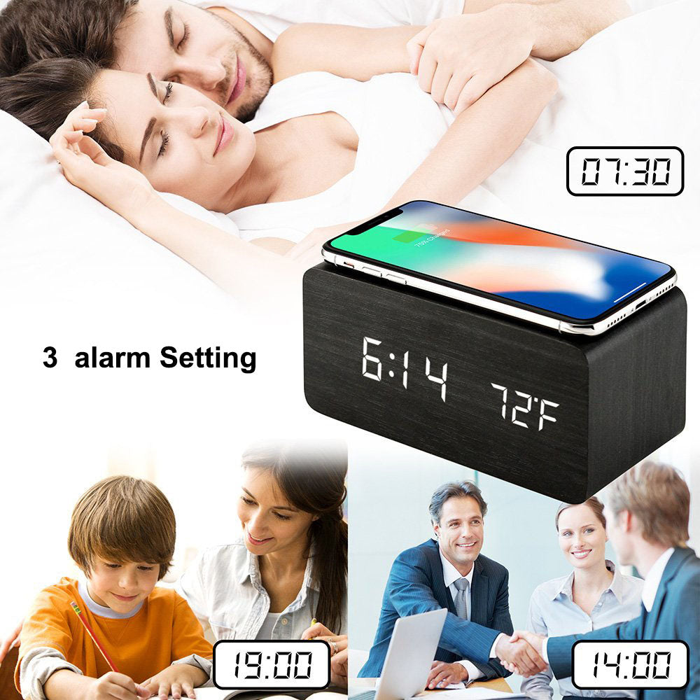 Wooden Desk Digital Clock Phone Chargers LED Display Temperature Wooden Digital Alarm Clock Wireless Charger Desk Table Clocks