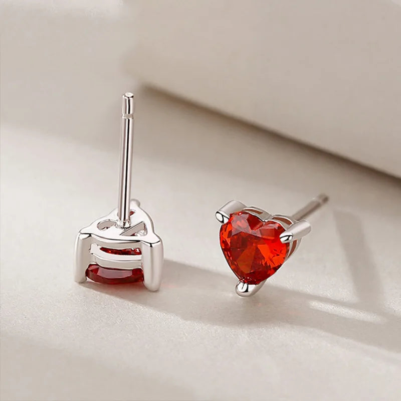 Buyee 925 Sterling Silver Small Stud Earring Light RED CRYSTAL Simple Heart Earring for Woman Fashion Party Fine Jewelry Earring