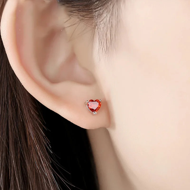 Buyee 925 Sterling Silver Small Stud Earring Light RED CRYSTAL Simple Heart Earring for Woman Fashion Party Fine Jewelry Earring