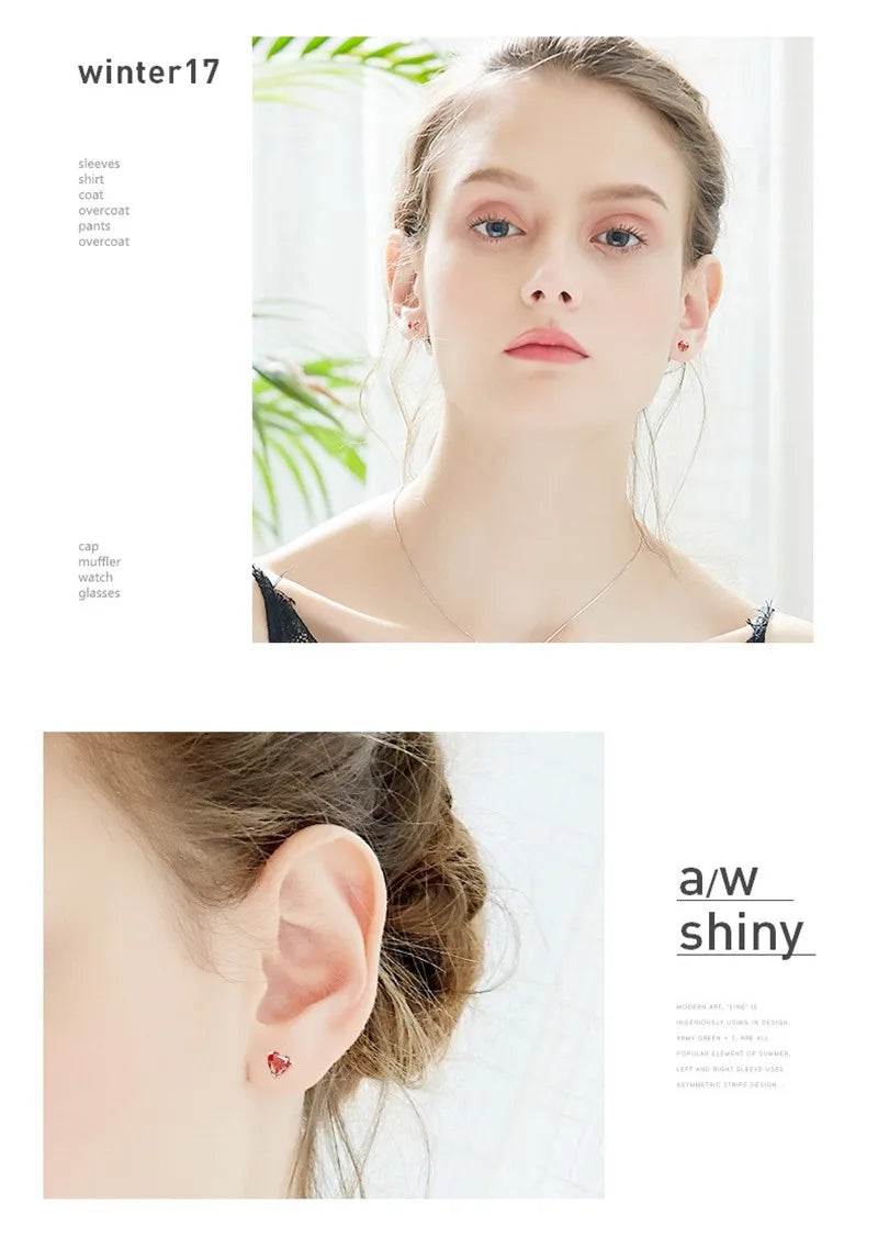 Buyee 925 Sterling Silver Small Stud Earring Light RED CRYSTAL Simple Heart Earring for Woman Fashion Party Fine Jewelry Earring