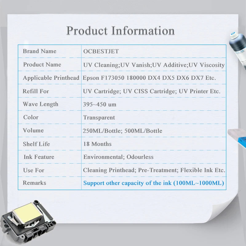 500ML/Bottle UV Cleaning Liquid Precoating Additive Viscosity For Epson R290 R330 L800 1390 1400 For All UV Inkjet Printhead