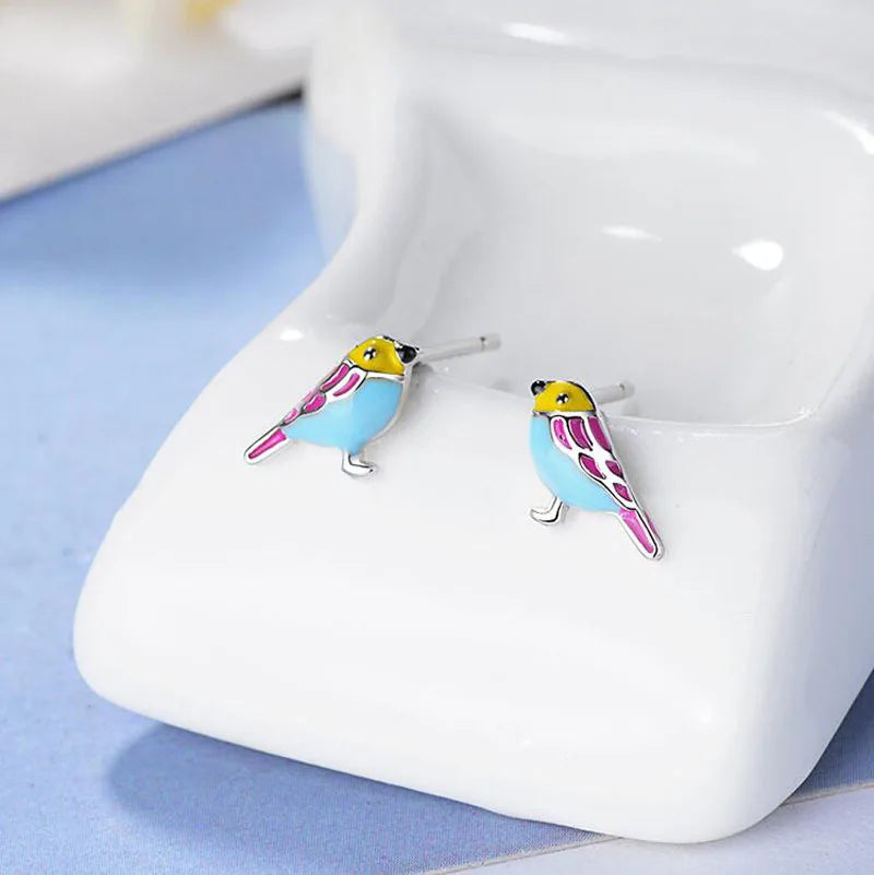 Cute 925 Sterling Silver Colorful Bird Stud Earrings For Kids Children Girl Lovely Animal Sterling-silver-jewelry