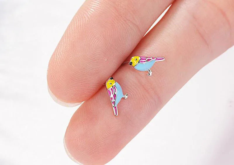 Cute 925 Sterling Silver Colorful Bird Stud Earrings For Kids Children Girl Lovely Animal Sterling-silver-jewelry