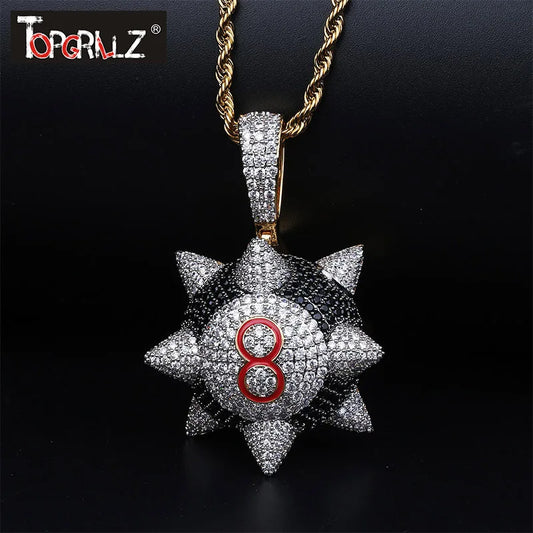 TOPGRILLZ New Iced out Trippieredd Inspired Spike 8-ball Billiard  Pendant Necklace With Tennis Chain Hip hop Jewelry