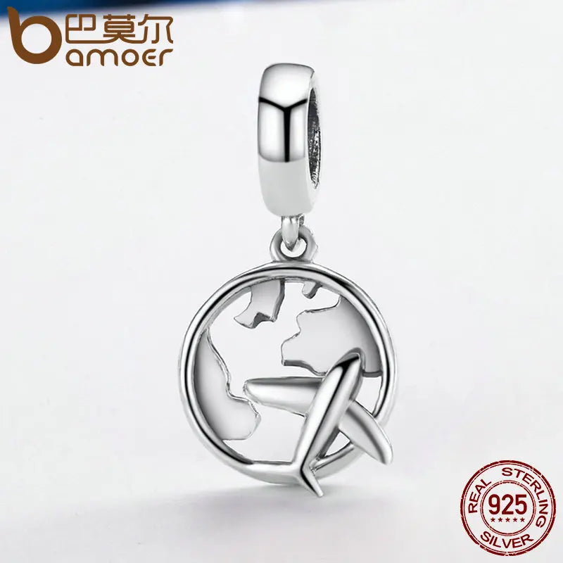 BAMOER Authentic 925 Sterling Silver Traveling Dream Map & Plane Charm Beads Fit Charm Bracelets Fashion DIY Jewelry S925 SCC242