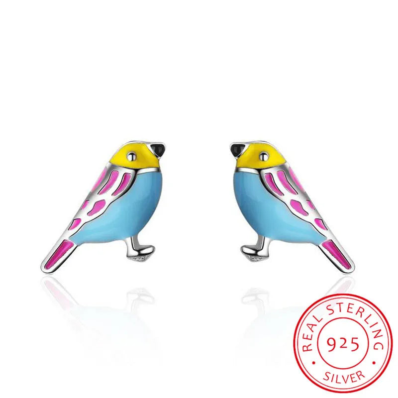 Cute 925 Sterling Silver Colorful Bird Stud Earrings For Kids Children Girl Lovely Animal Sterling-silver-jewelry