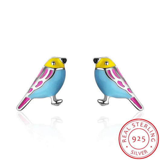 Cute 925 Sterling Silver Colorful Bird Stud Earrings For Kids Children Girl Lovely Animal Sterling-silver-jewelry