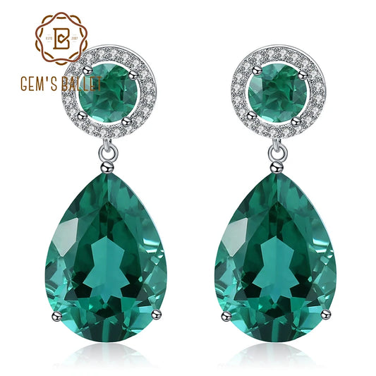 GEM'S BALLET Classic 22.98Ct Green Nano Emerald Drop Earrings Solid 925 Sterling Silver Earring Fine Jewelry For Women