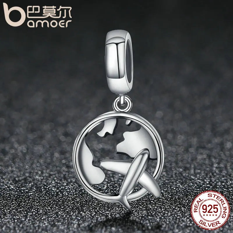 BAMOER Authentic 925 Sterling Silver Traveling Dream Map & Plane Charm Beads Fit Charm Bracelets Fashion DIY Jewelry S925 SCC242