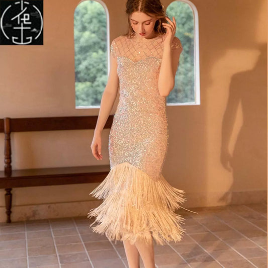 Sexy Sequin Bead Dress Host Retro Banquet Party Stage Nightclub Gatsby Tassel Dress