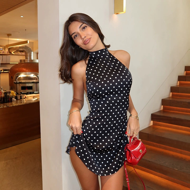 Cnyishe Elegant Temperament Gyaru Polka Dot Print Hanging Neck Dress Slim fit Slimming Young Style A Word Short Skirt