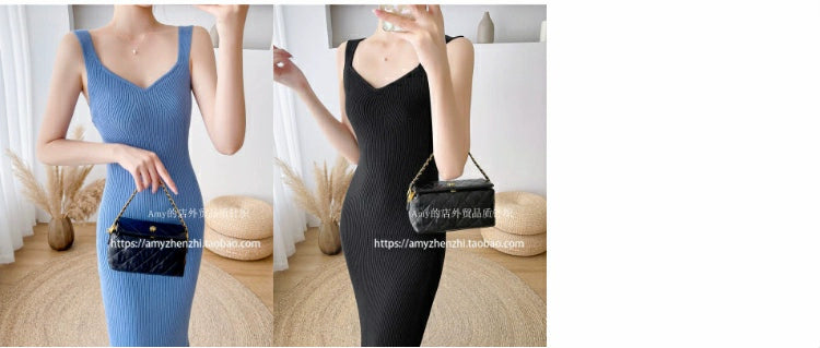 Autumn and Winter V-neck Slim-Fit Sleeveless Sling Fishtail Dress Sweater