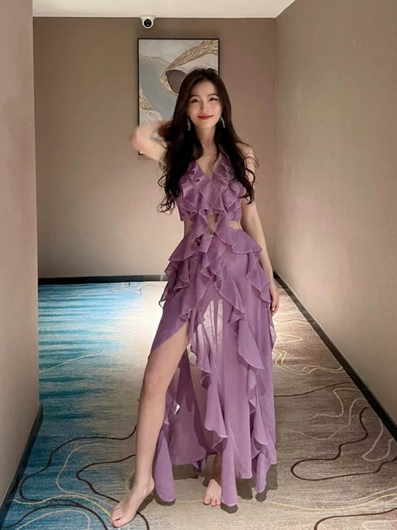Sexy Geometric Cut-out Ruffled Dress Socialite Elegant Pure Desire Style 2024 New Design Sense Niche Style Skirt