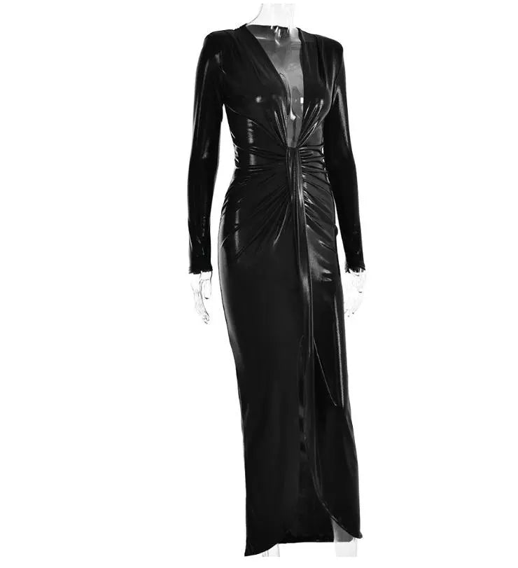Pu Long Dress Elegant Glossy V Neck Long Sleeves Patchwork Ruffle Hip Leather Skirt Split High Waist Dress