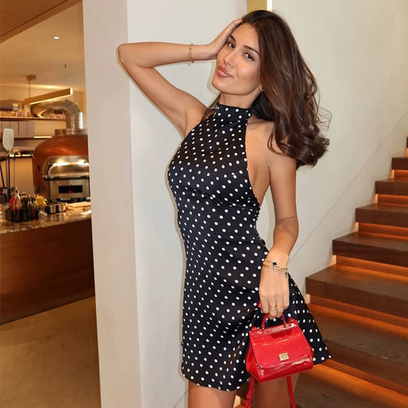 Cnyishe Elegant Temperament Gyaru Polka Dot Print Hanging Neck Dress Slim fit Slimming Young Style A Word Short Skirt