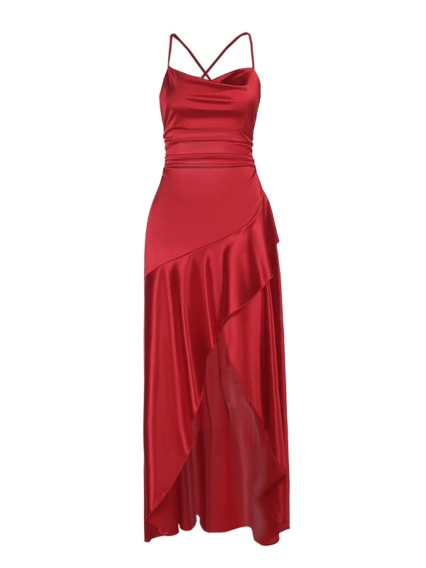 Xiaoke Wiwi European and American Sexy Sling Backless Bandage Split Frill Dress Banquet Birthday Party dress