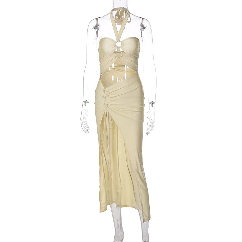 Sexy Split Wrapped Dress Hollow-out Halter Strap Backless Dress