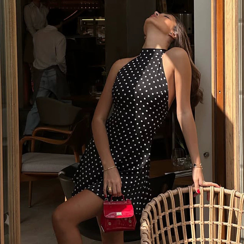 Cnyishe Elegant Temperament Gyaru Polka Dot Print Hanging Neck Dress Slim fit Slimming Young Style A Word Short Skirt