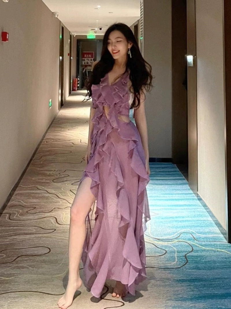Sexy Geometric Cut-out Ruffled Dress Socialite Elegant Pure Desire Style 2024 New Design Sense Niche Style Skirt