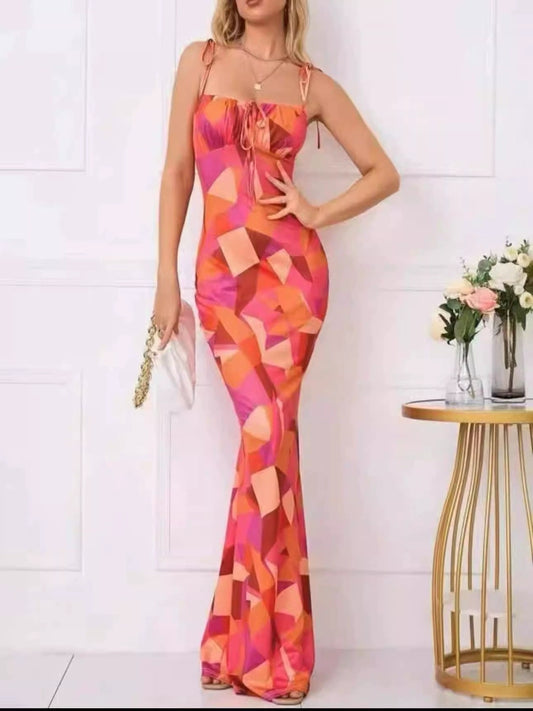 Export Pure Desire Exquisite Print Spaghetti Straps Slimming Adult Lady like Woman Fishtail Stylish Fashion Sexy Banquet Tied Dress