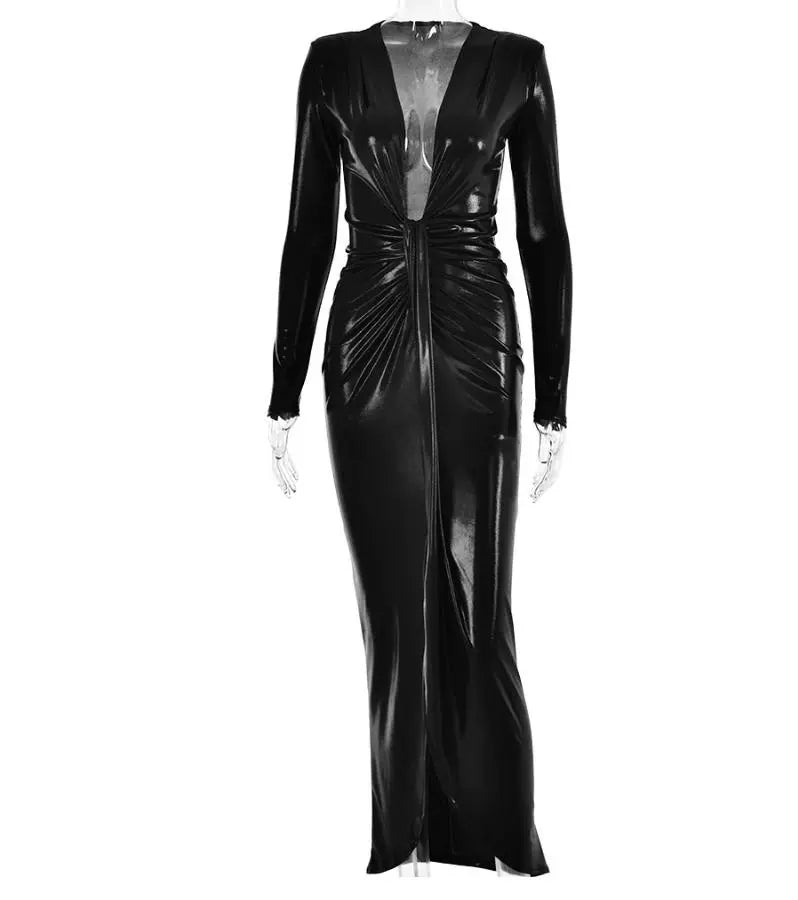 Pu Long Dress Elegant Glossy V Neck Long Sleeves Patchwork Ruffle Hip Leather Skirt Split High Waist Dress