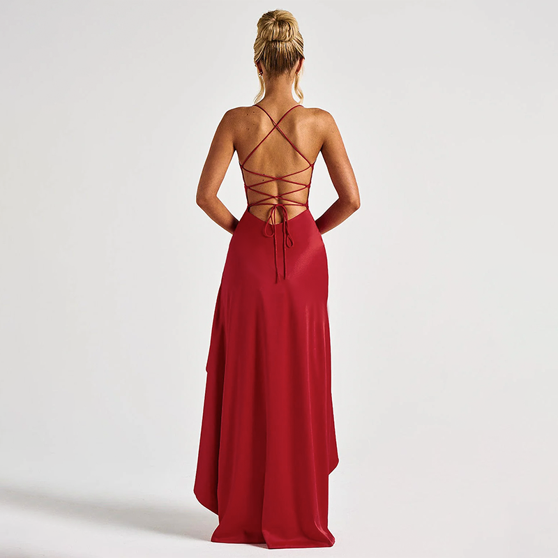Xiaoke Wiwi European and American Sexy Sling Backless Bandage Split Frill Dress Banquet Birthday Party dress