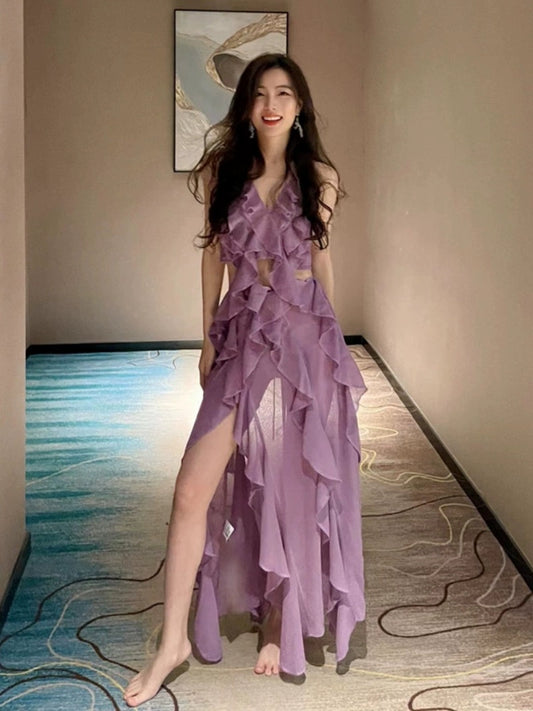 Sexy Geometric Cut-out Ruffled Dress Socialite Elegant Pure Desire Style 2024 New Design Sense Niche Style Skirt