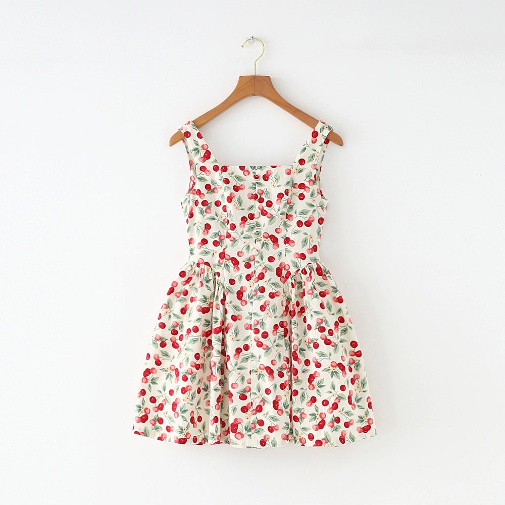 French Style American Retro Cherry Design Niche Style Slim Looking Tight Waist Large Skirt Sling Vest Skirt Dress New Arrival Women
