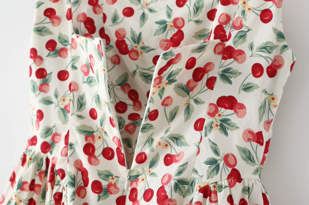 French Style American Retro Cherry Design Niche Style Slim Looking Tight Waist Large Skirt Sling Vest Skirt Dress New Arrival Women