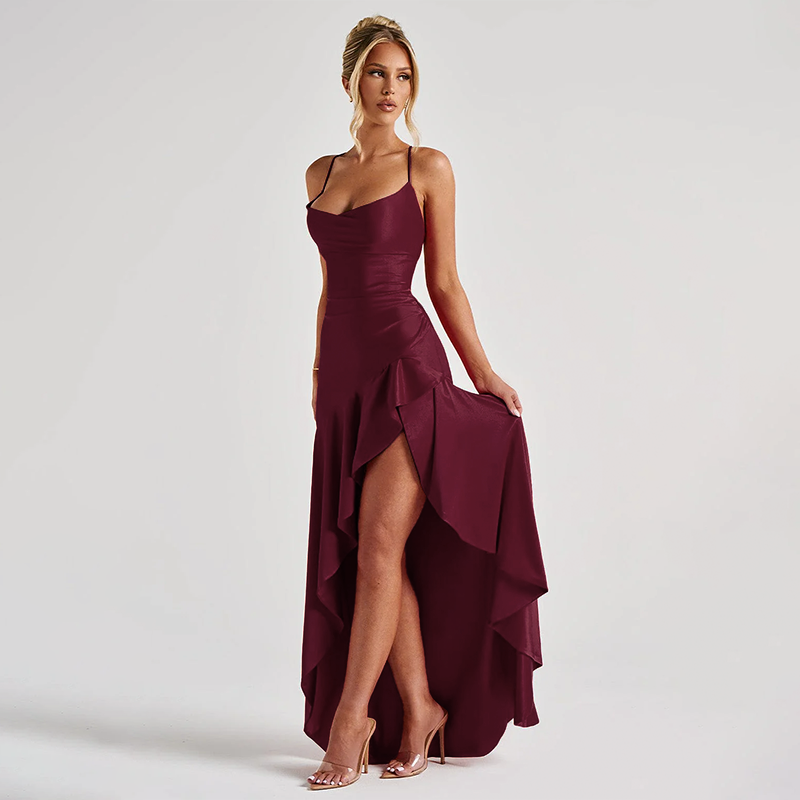 Xiaoke Wiwi European and American Sexy Sling Backless Bandage Split Frill Dress Banquet Birthday Party dress