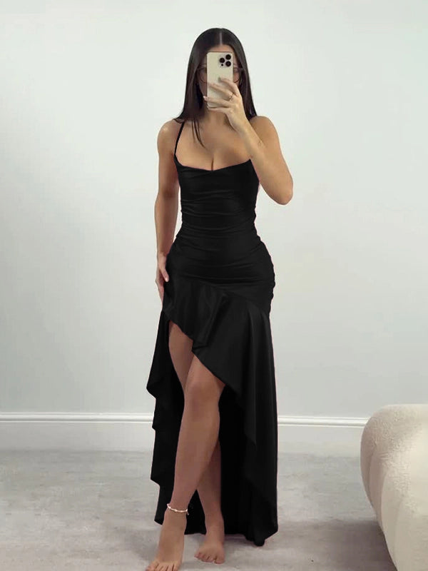 Xiaoke Wiwi European and American Sexy Sling Backless Bandage Split Frill Dress Banquet Birthday Party dress