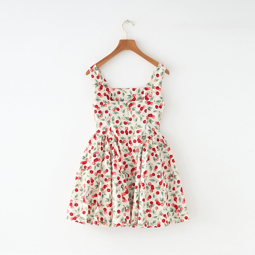 French Style American Retro Cherry Design Niche Style Slim Looking Tight Waist Large Skirt Sling Vest Skirt Dress New Arrival Women