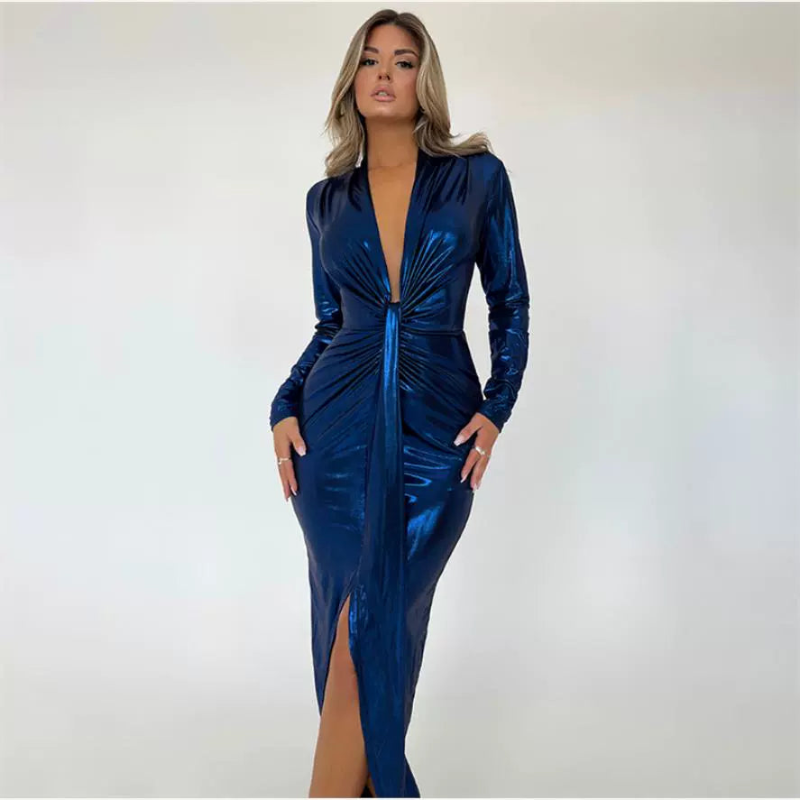 Pu Long Dress Elegant Glossy V Neck Long Sleeves Patchwork Ruffle Hip Leather Skirt Split High Waist Dress