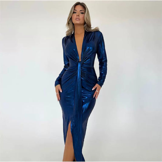 Pu Long Dress Elegant Glossy V Neck Long Sleeves Patchwork Ruffle Hip Leather Skirt Split High Waist Dress