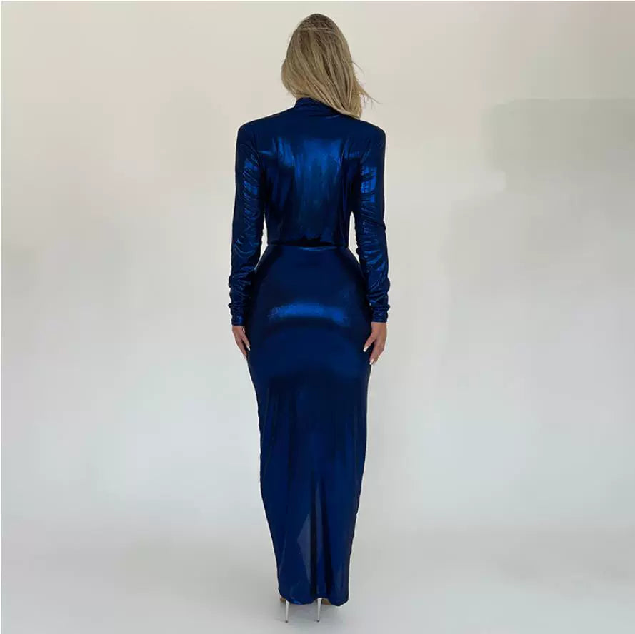 Pu Long Dress Elegant Glossy V Neck Long Sleeves Patchwork Ruffle Hip Leather Skirt Split High Waist Dress
