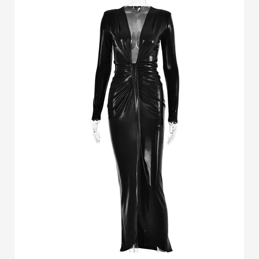 Pu Long Dress Elegant Glossy V Neck Long Sleeves Patchwork Ruffle Hip Leather Skirt Split High Waist Dress