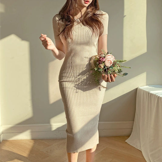Ice Silk Midi Slit Slim-Fitting Knitted Dress