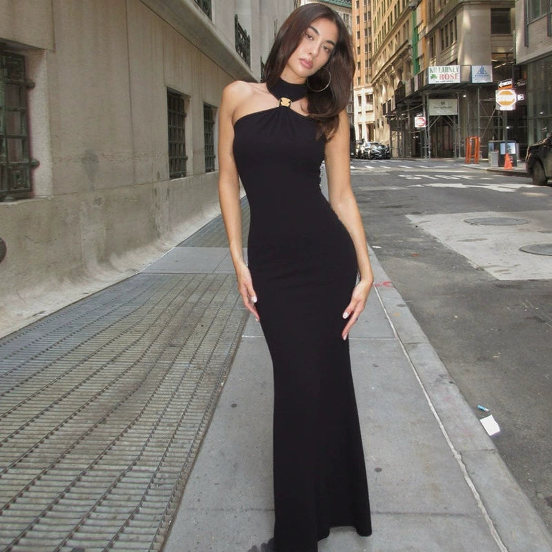 Outfitgirl Fashion Style Ins New Arrival Elegant Halter Tube Top Dress Black over-the-Knee Slim Looking Date Dress