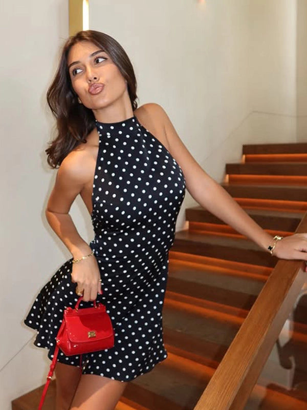 Cnyishe Elegant Temperament Gyaru Polka Dot Print Hanging Neck Dress Slim fit Slimming Young Style A Word Short Skirt