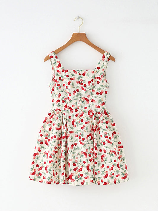 French Style American Retro Cherry Design Niche Style Slim Looking Tight Waist Large Skirt Sling Vest Skirt Dress New Arrival Women