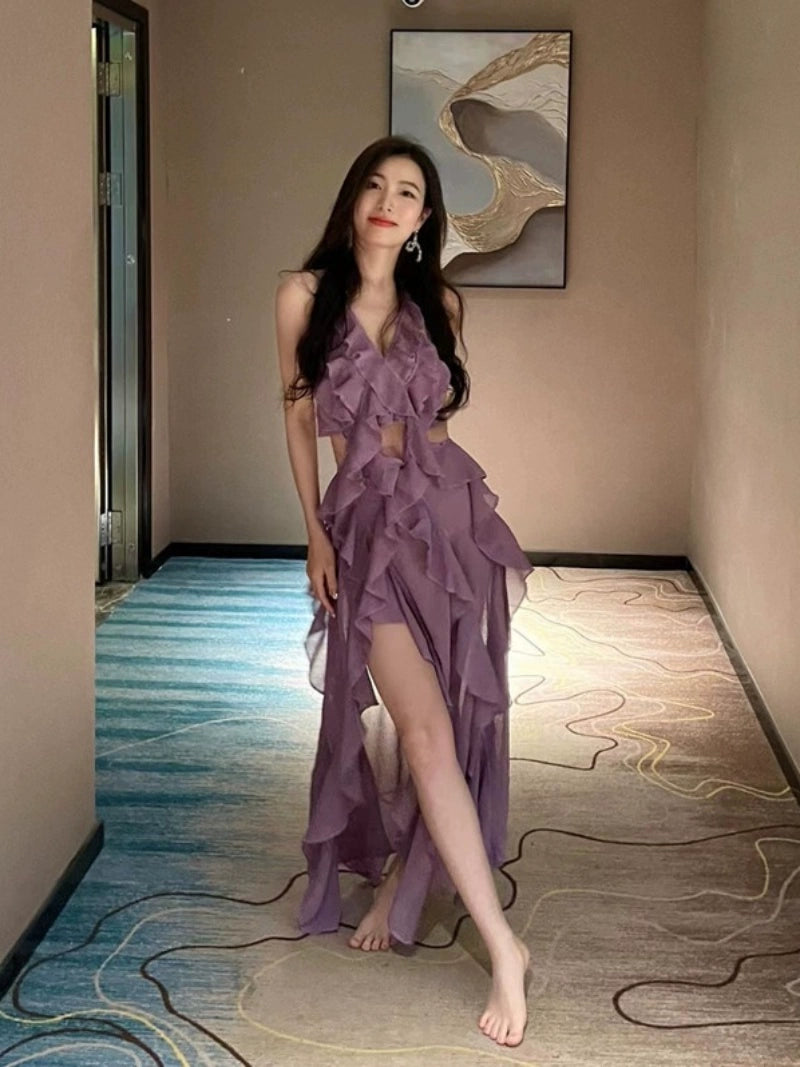 Sexy Geometric Cut-out Ruffled Dress Socialite Elegant Pure Desire Style 2024 New Design Sense Niche Style Skirt