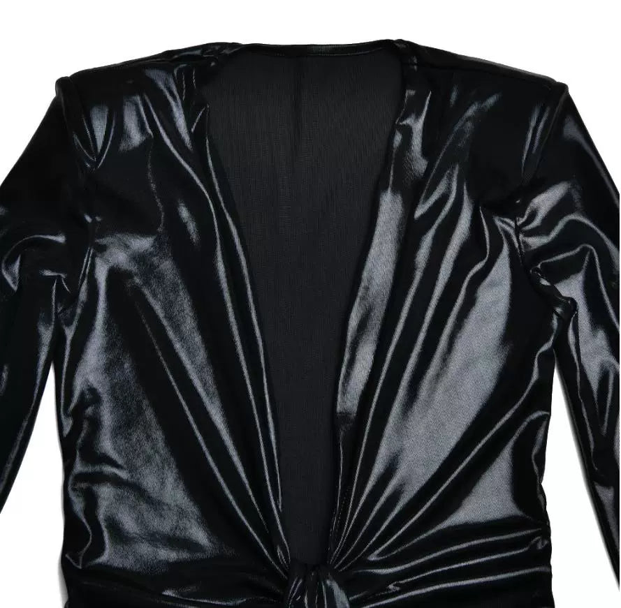 Pu Long Dress Elegant Glossy V Neck Long Sleeves Patchwork Ruffle Hip Leather Skirt Split High Waist Dress