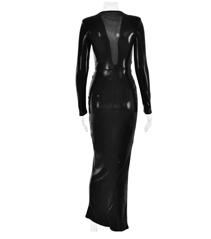 Pu Long Dress Elegant Glossy V Neck Long Sleeves Patchwork Ruffle Hip Leather Skirt Split High Waist Dress