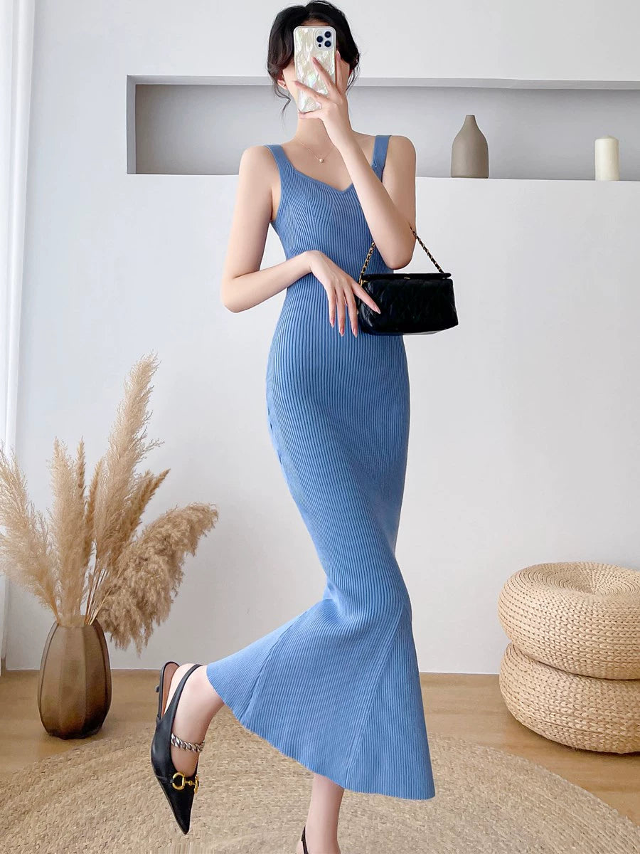 Autumn and Winter V-neck Slim-Fit Sleeveless Sling Fishtail Dress Sweater