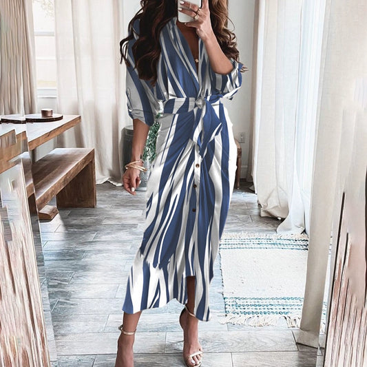V-neck Button Print Long Dress Woman V Neck Button Printed Long Dress Female
