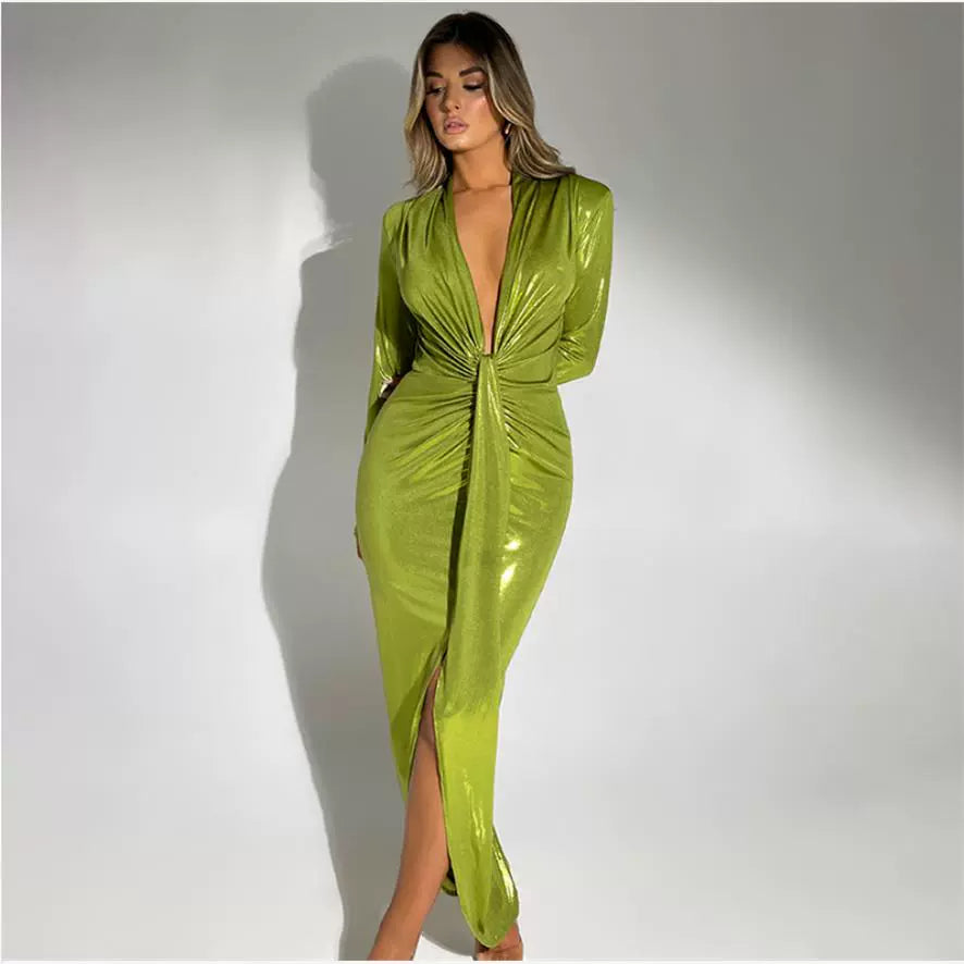 Pu Long Dress Elegant Glossy V Neck Long Sleeves Patchwork Ruffle Hip Leather Skirt Split High Waist Dress